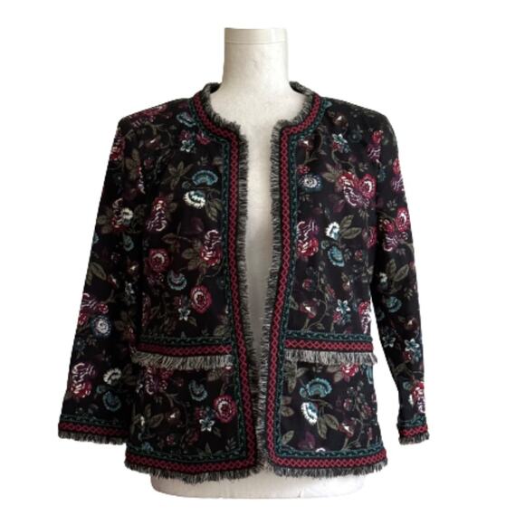 Loft Outlet Black Floral Fringe Embroidered 3/4 Sleeve Open Front Blazer Size 8 - Picture 12 of 12